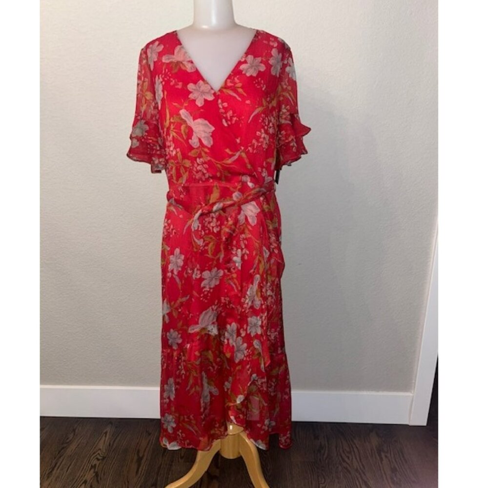 Vince Camuto red floral chiffon ruffle sleeve belted dress